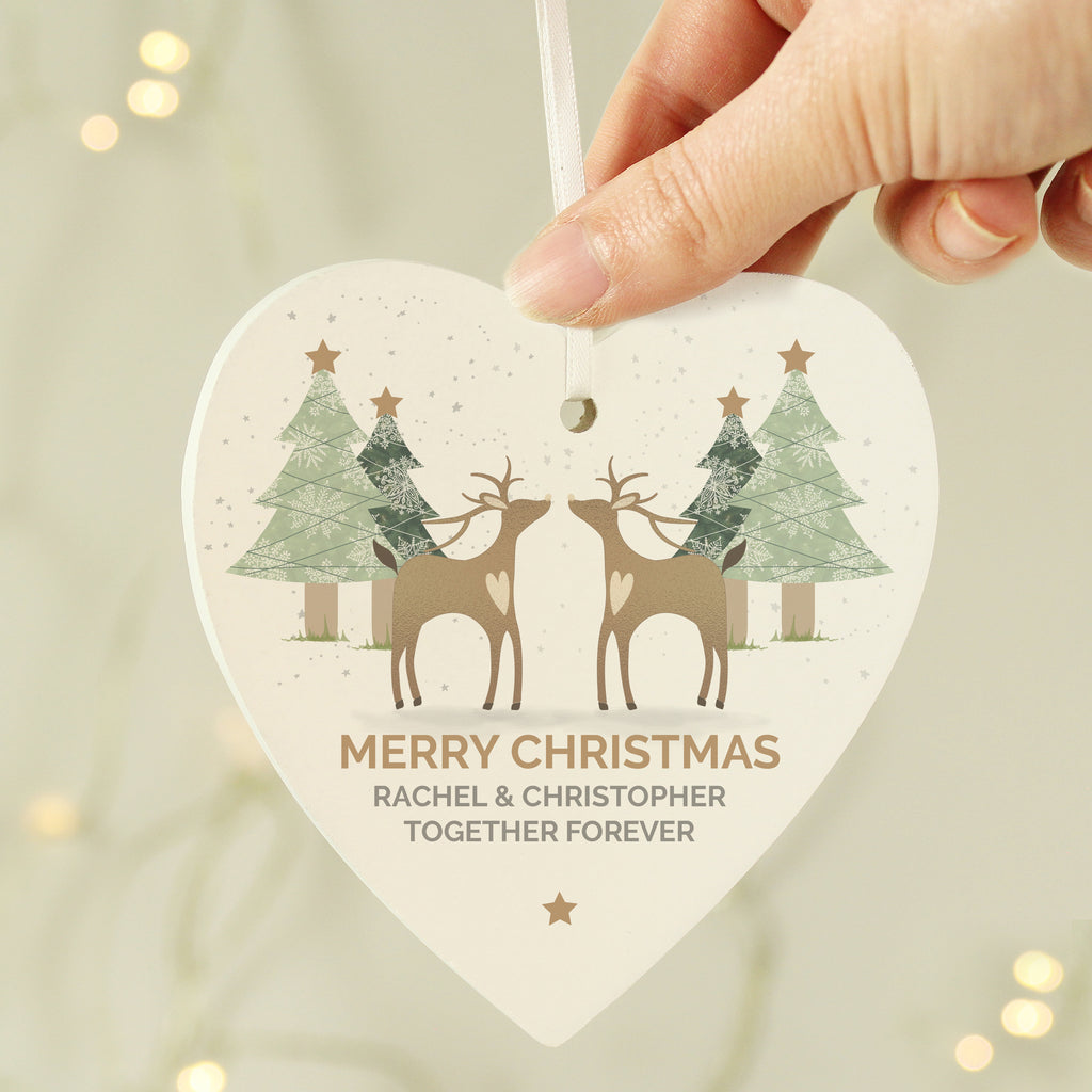 Personalised Reindeer Couple Wooden Heart Decoration - Buy Hanging Decorations & Signs at GiftMasters.co.uk
