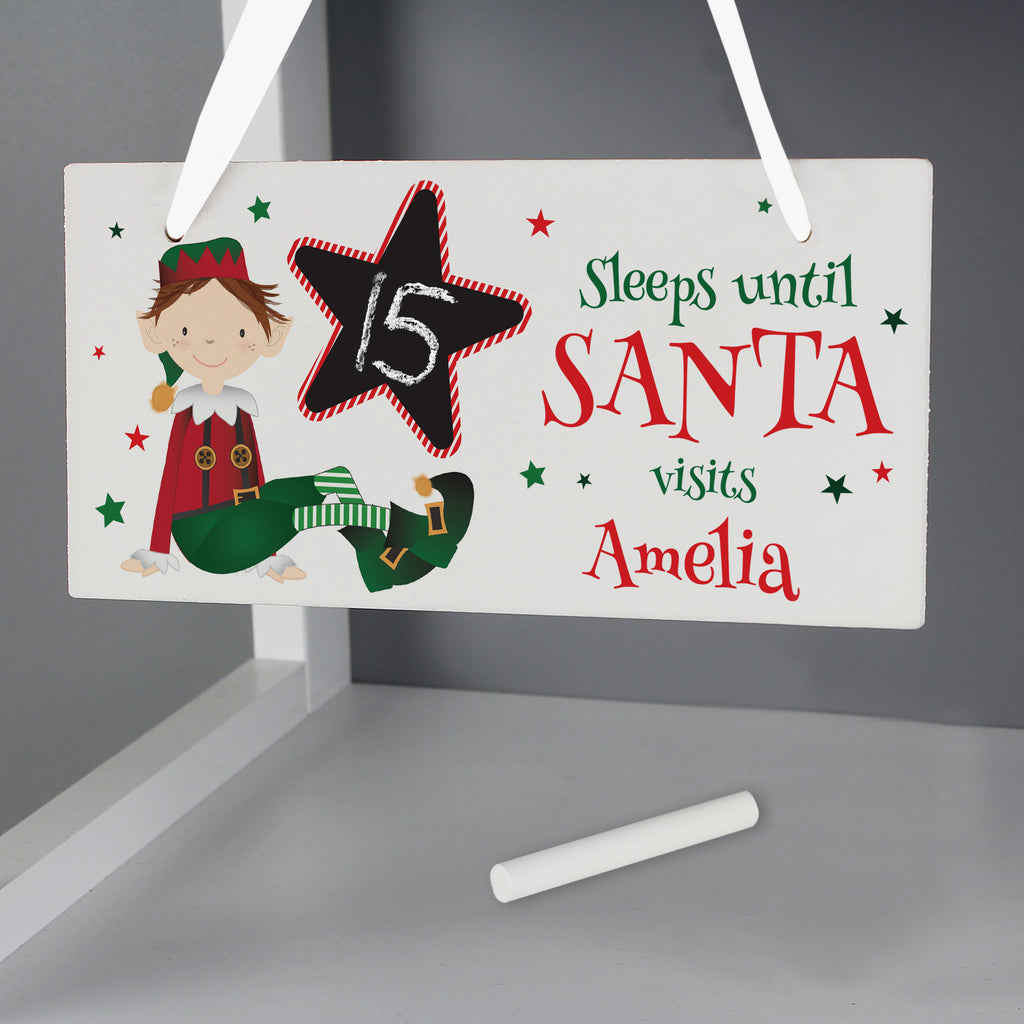 Personalised Elf Christmas Chalk Countdown Wooden Sign - Buy Hanging Decorations & Signs at GiftMasters.co.uk