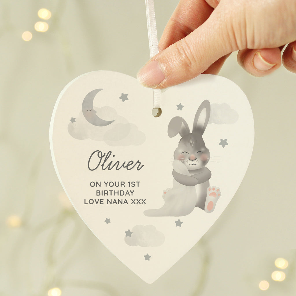 Personalised Baby Bunny Wooden Heart Decoration - Buy Hanging Decorations & Signs at GiftMasters.co.uk