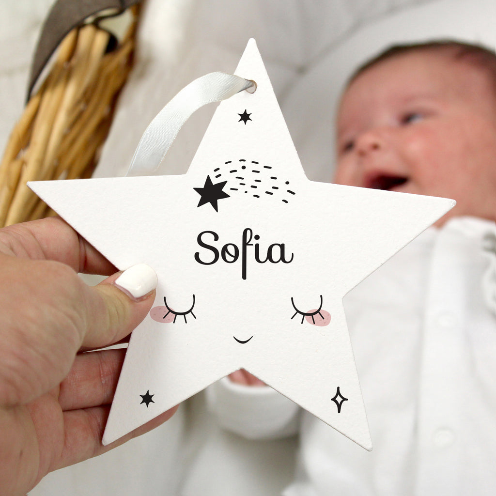 Personalised Baby Moon Wooden Star Decoration - Buy Hanging Decorations & Signs at GiftMasters.co.uk