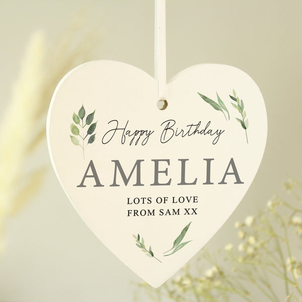 Personalised Botanical Script Wooden Heart Decoration