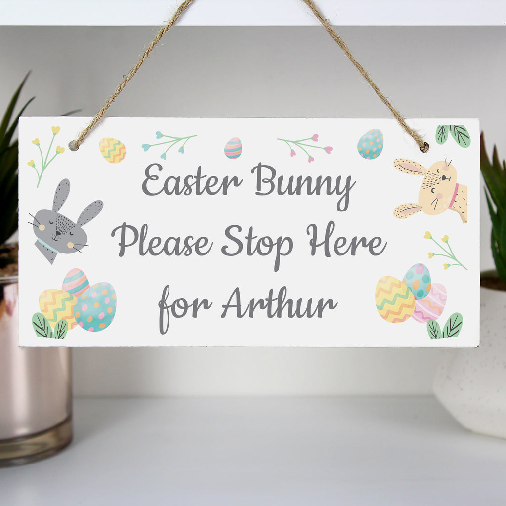 Personalised Easter Bunny Stop Here Wooden Sign - Buy Hanging Decorations & Signs at GiftMasters.co.uk