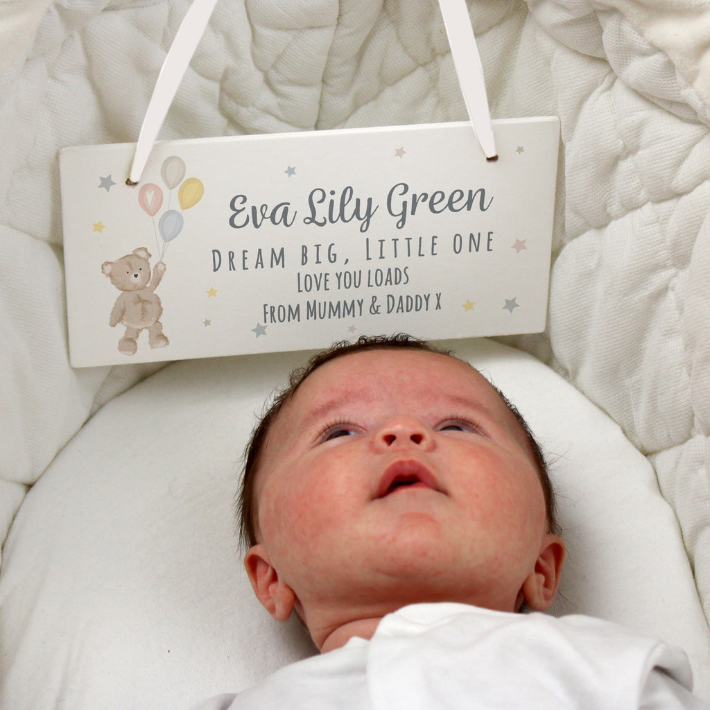 Personalised Teddy & Balloons White Wooden Sign - Buy Hanging Decorations & Signs at GiftMasters.co.uk
