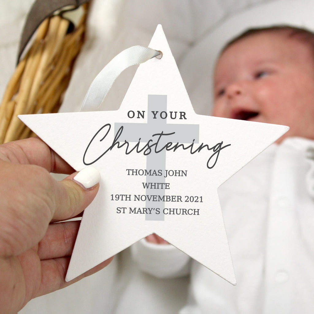 Personalised On Your Christening Wooden Star Decoration - Buy Hanging Decorations & Signs at GiftMasters.co.uk