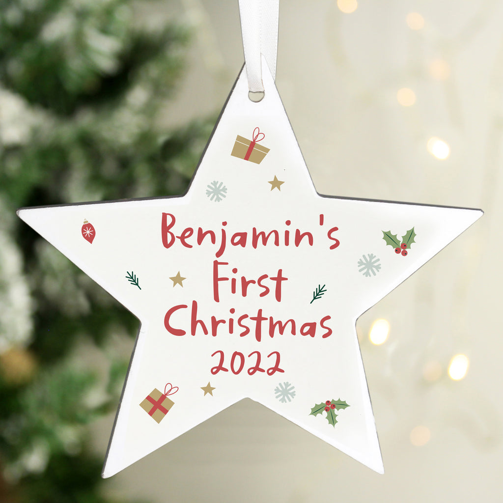 Personalised First Christmas Wooden Star Decoration - Buy Christmas Decorations at GiftMasters.co.uk