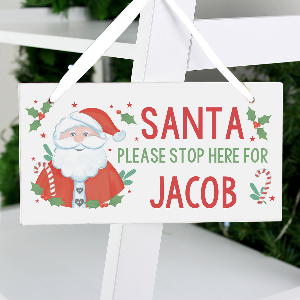 Personalised Santa Stop Here Wooden Sign - Buy Christmas Decorations at GiftMasters.co.uk