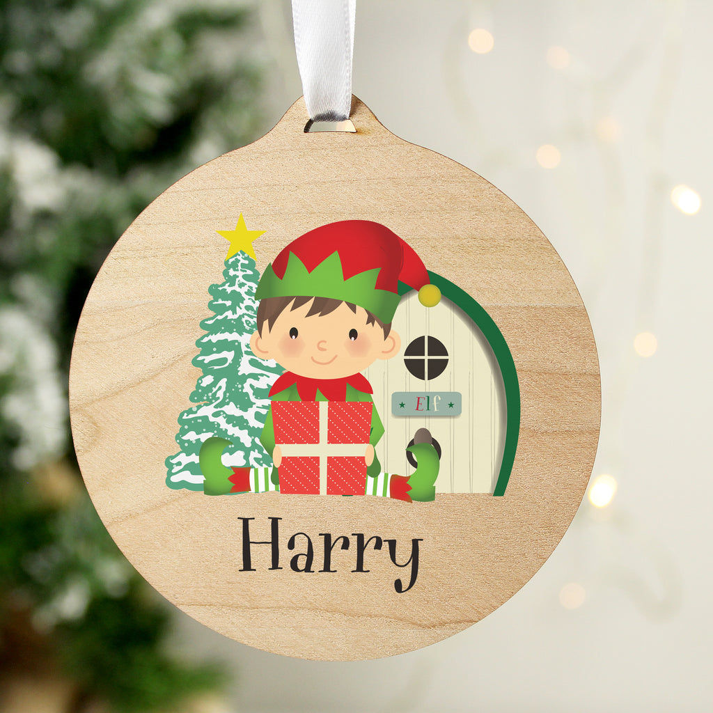 Personalised Elf Round Wooden Decoration - Buy Wooden at GiftMasters.co.uk