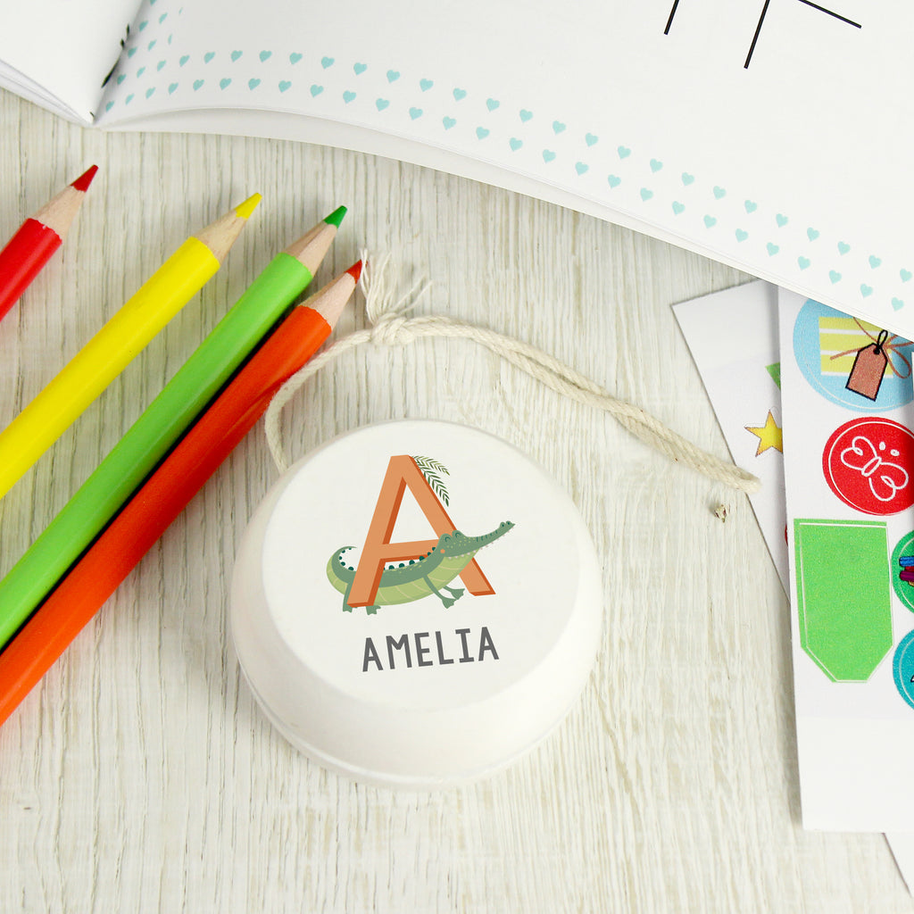 Personalised Animal Alphabet White Wooden Yoyo - Buy Keepsakes at GiftMasters.co.uk