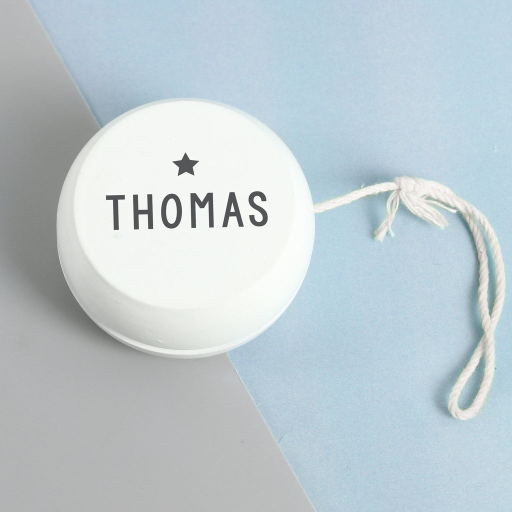 Personalised Grey Star White Wooden Yoyo - Buy Keepsakes at GiftMasters.co.uk