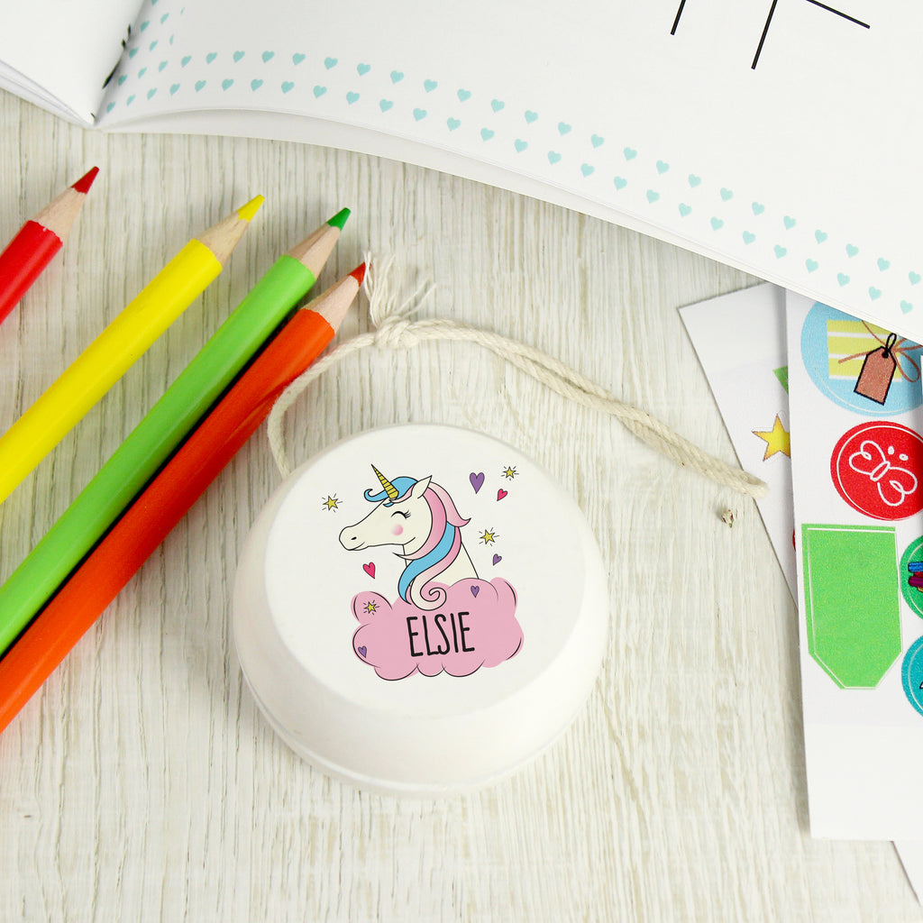 Personalised Unicorn White Wooden Yoyo - Buy Keepsakes at GiftMasters.co.uk