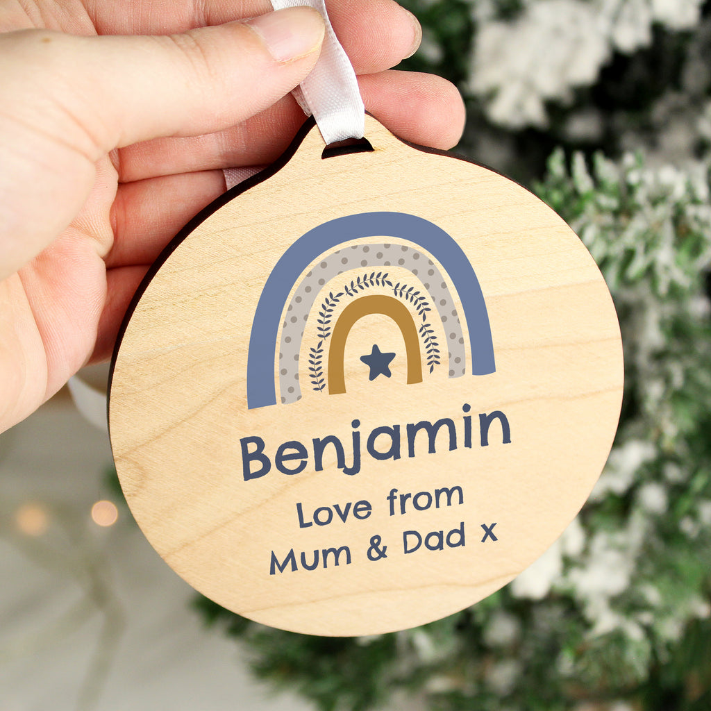 Personalised Blue Rainbow Round Wooden Decoration - Buy Hanging Decorations & Signs at GiftMasters.co.uk