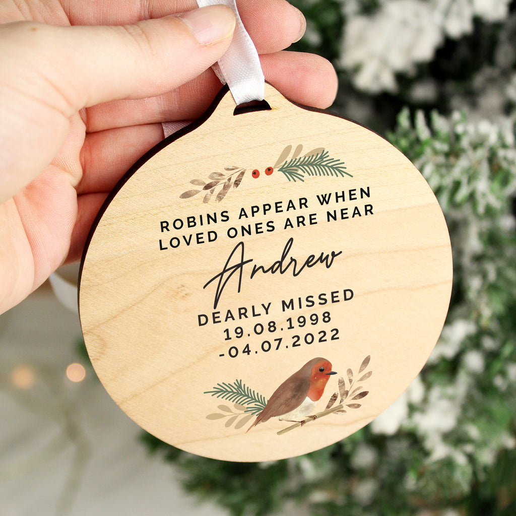 Personalised Robin Memorial Round Wooden Decoration - Buy Christmas Decorations at GiftMasters.co.uk