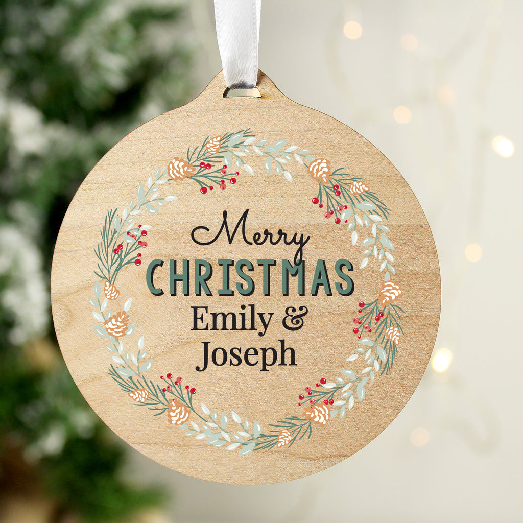 Personalised Wreath Round Wooden Decoration - Buy Christmas Decorations at GiftMasters.co.uk