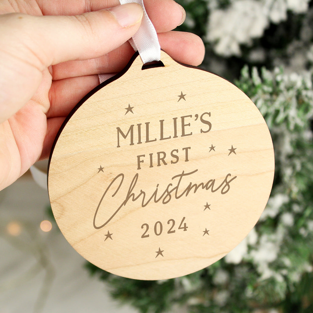 Personalised Baby's First Christmas Round Wooden Decoration - Buy Christmas Decorations at GiftMasters.co.uk