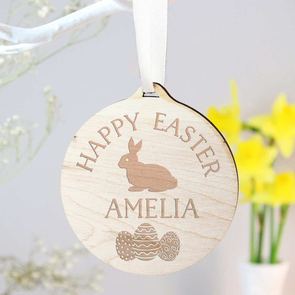 Personalised Easter Bunny Round Wooden Decoration - Buy Hanging Decorations & Signs at GiftMasters.co.uk
