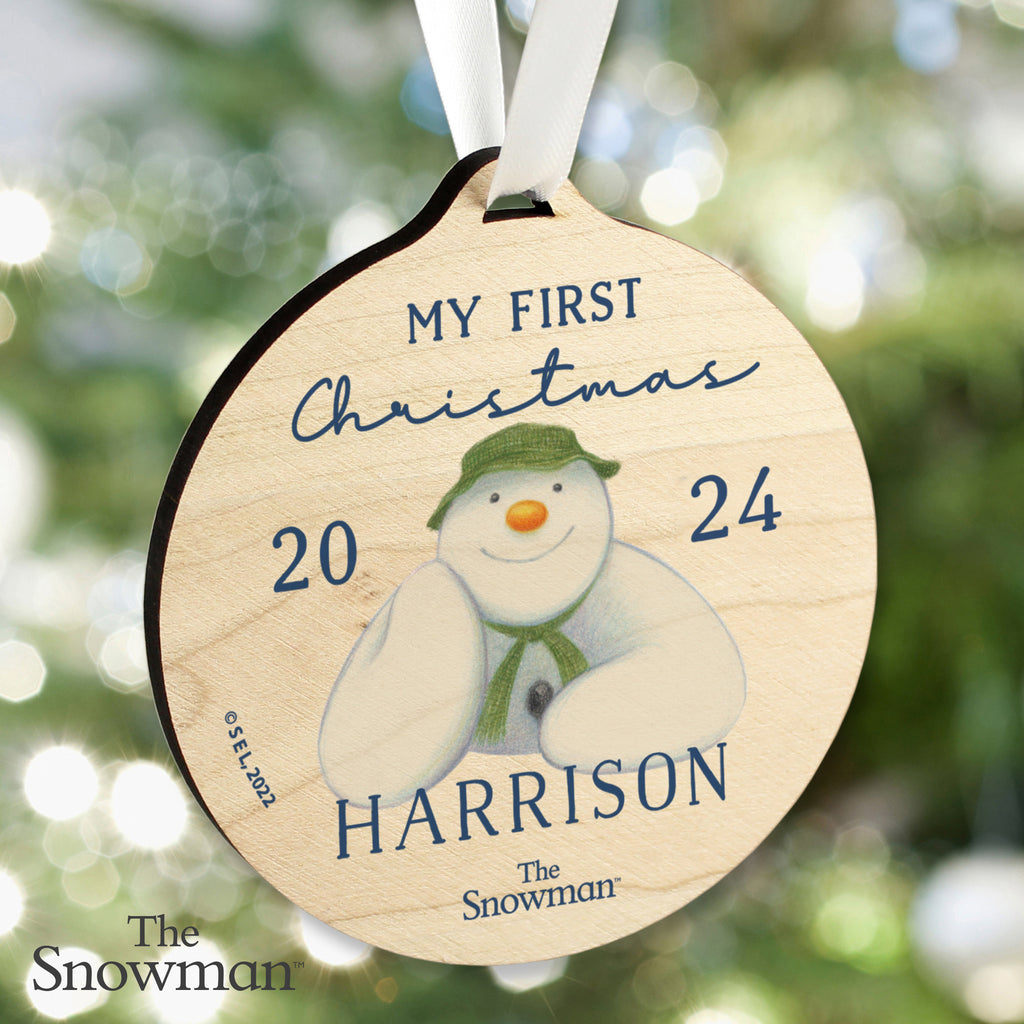 Personalised The Snowman My First Christmas Round Wooden Decoration - Buy Christmas Decorations at GiftMasters.co.uk