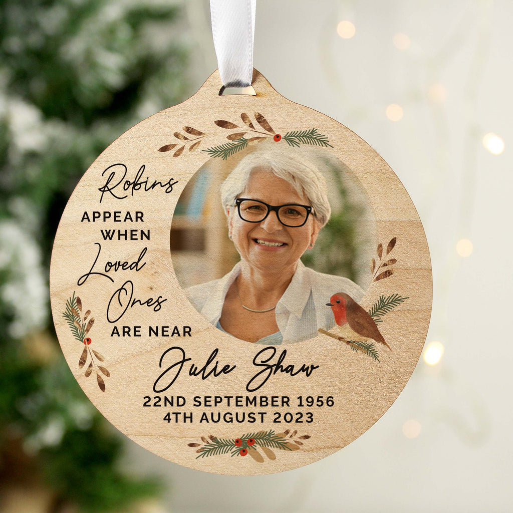 Personalised Photo Upload Robin Memorial Wooden Decoration - Buy Christmas Decorations at GiftMasters.co.uk