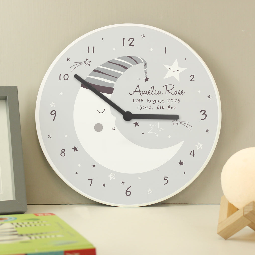 Personalised Moon Wooden Nursery Clock - Buy Wooden at GiftMasters.co.uk