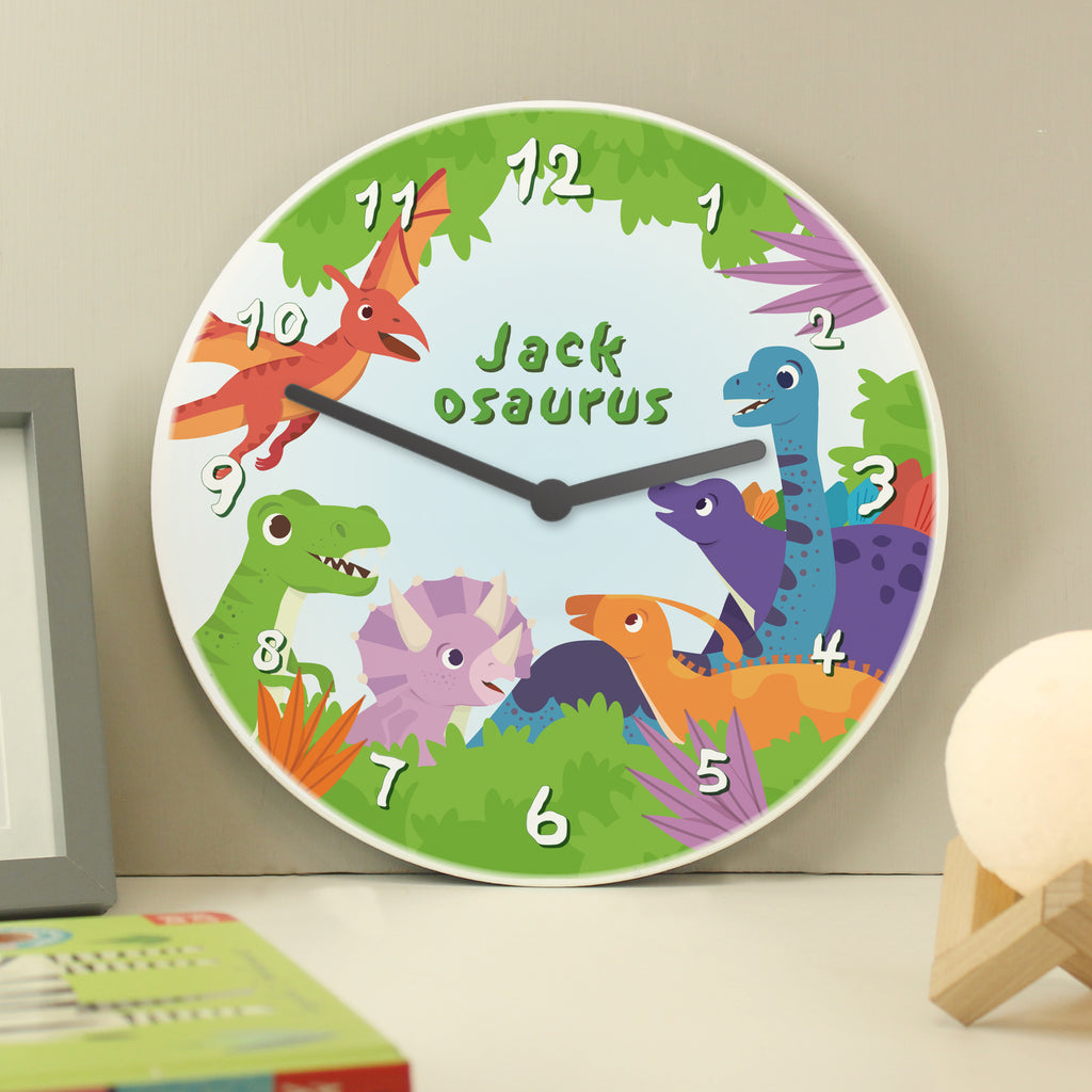 Personalised Dinosaur Wooden Childrens Clock - Buy Clocks & Watches at GiftMasters.co.uk