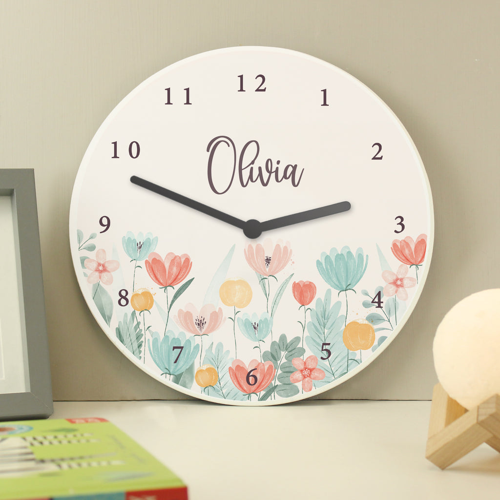 Personalised Floral Wooden Childrens Clock - Buy Wooden at GiftMasters.co.uk