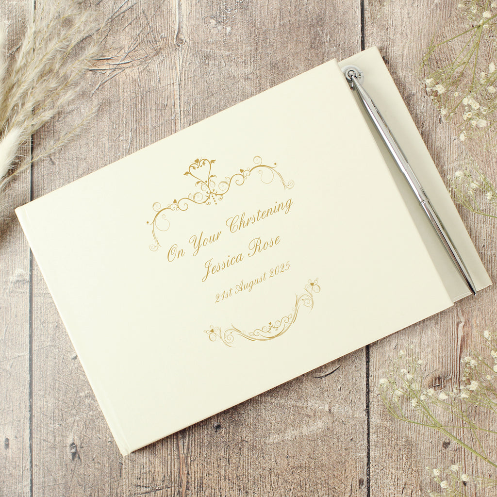 Personalised Gold Ornate Swirl Hardback Guest Book & Pen - Buy Photo Frames, Albums and Guestbooks at GiftMasters.co.uk