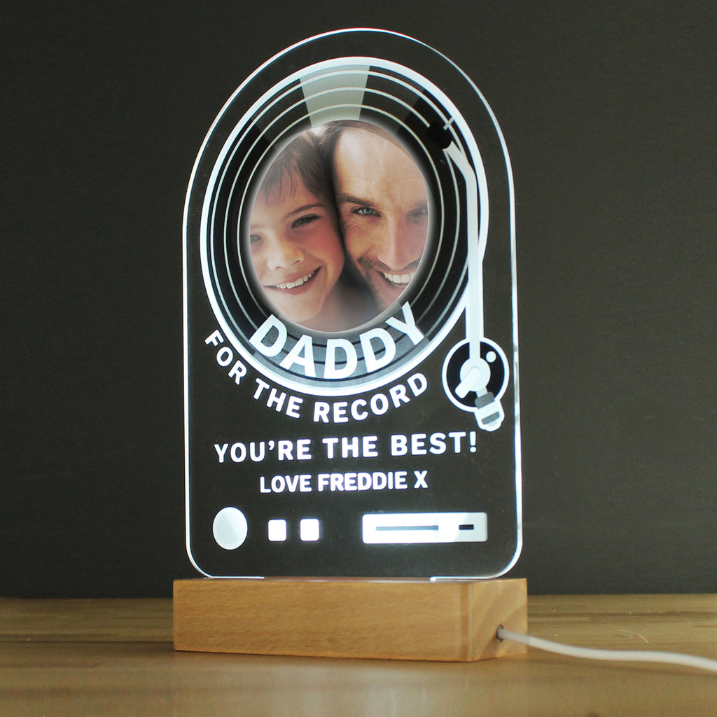 Personalised Record Photo Upload Wooden Based LED Light - Buy LED Lights, Candles & Decorations at GiftMasters.co.uk