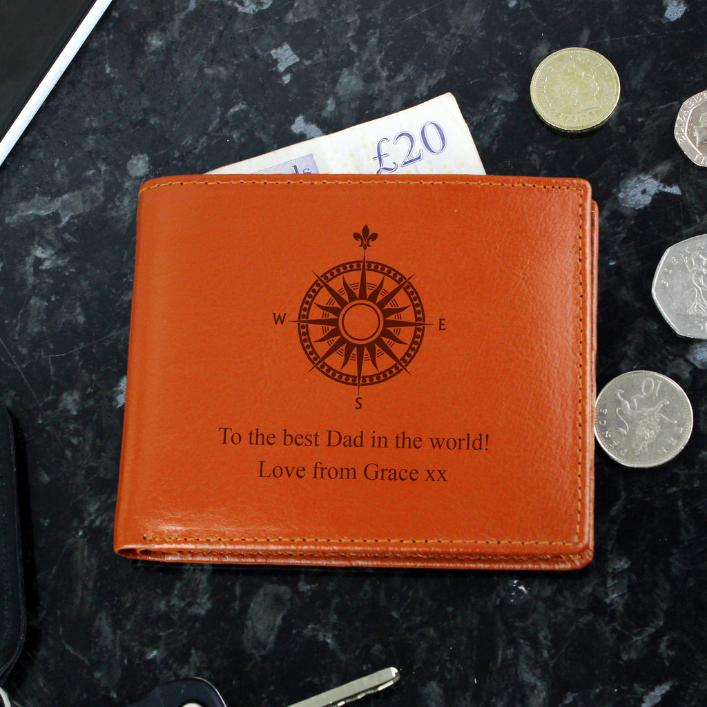 Personalised Compass Tan Leather Wallet - Buy Leather & Leatherette at GiftMasters.co.uk