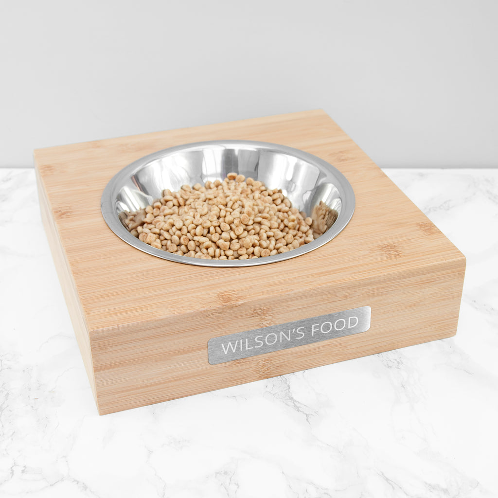 Personalised Bamboo Pet Bowl with Metal Tag - Buy Wooden Accessories at GiftMasters.co.uk