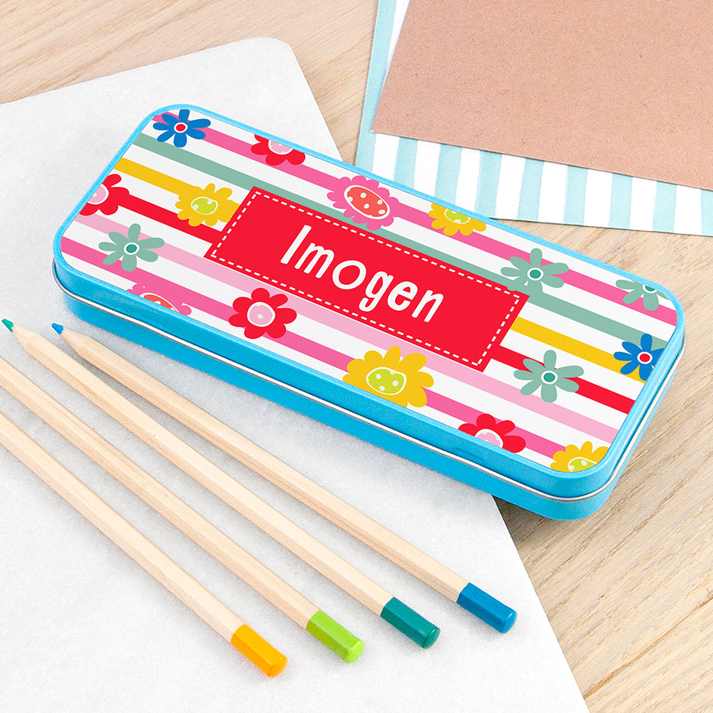Personalised Girl's Patterned Blue Pencil Case Tin - Buy Metal Stationary Tins at GiftMasters.co.uk