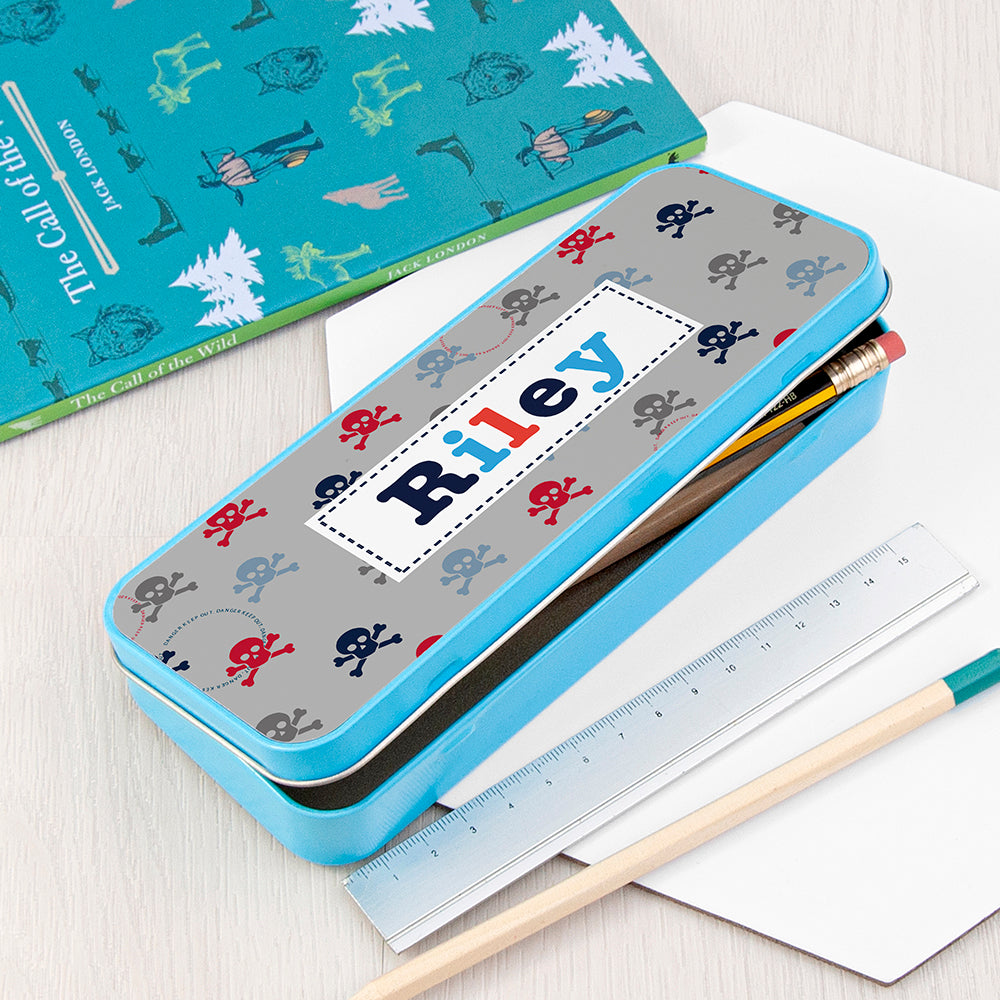 Personalised Boy's Blue Metal Pencil Case Tin - Buy Metal Stationary Tins at GiftMasters.co.uk