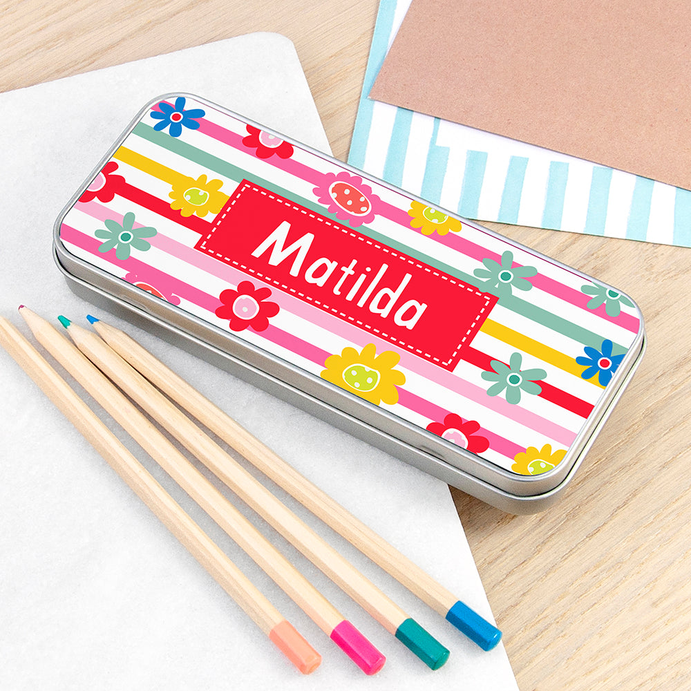 Personalised Girl's Patterned Pencil Case Tin - Buy Metal Stationary Tins at GiftMasters.co.uk