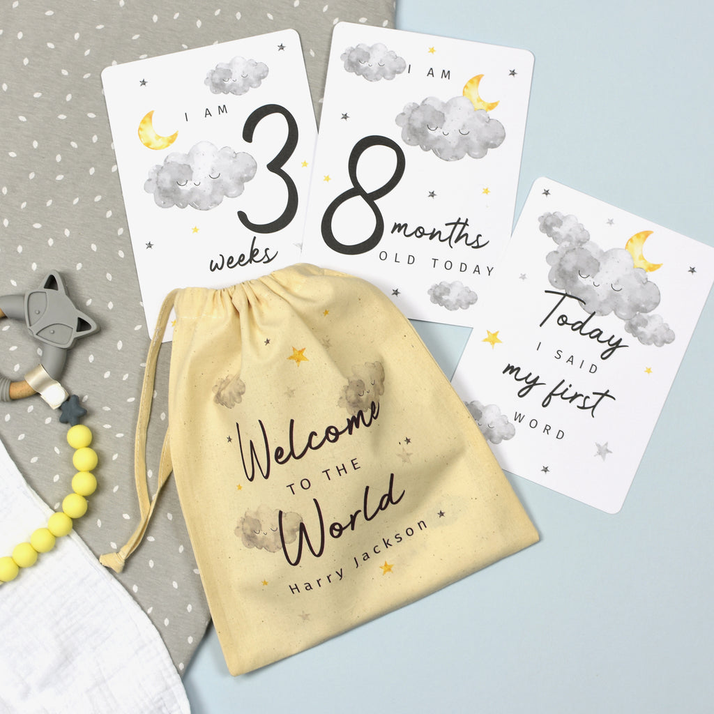 Personalised Cloud Baby Milestone Cards In Drawstring Bag - Buy Greetings Cards at GiftMasters.co.uk