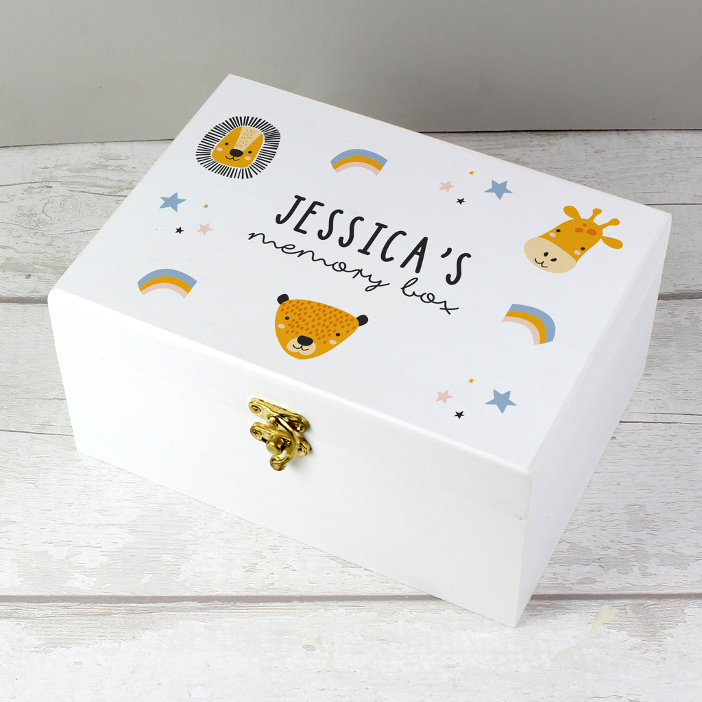 Personalised Safari Animals White Wooden Keepsake Box - Buy Storage at GiftMasters.co.uk