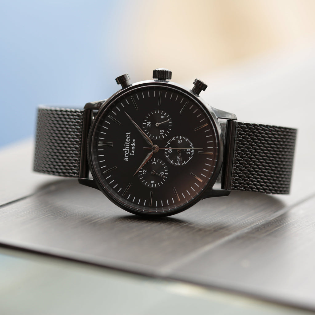 Handwriting Engraving - Men's Architect Motivator Black Face Black Mesh Strap - Buy Motivator at GiftMasters.co.uk