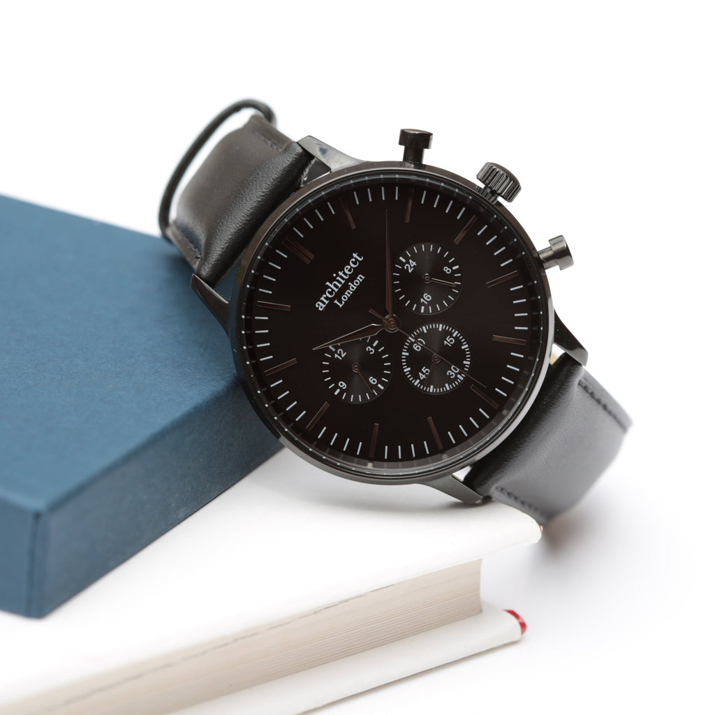 Handwriting Engraving - Men's Architect Motivator in Black with Black Leather Strap - Buy Motivator at GiftMasters.co.uk