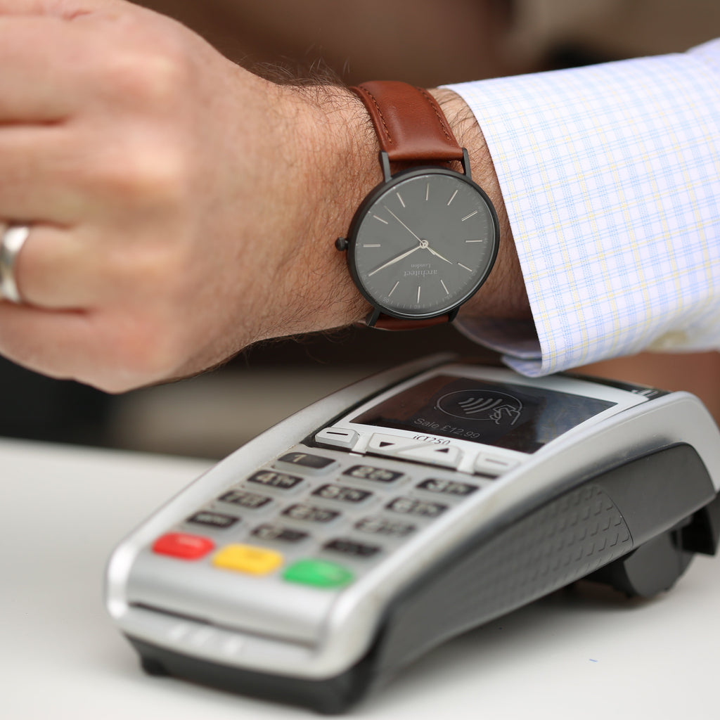 Contactless Payment Watch - Men's Architect Minimalist + Walnut Strap + Own Handwriting Engraving - Buy Minimalist at GiftMasters.co.uk