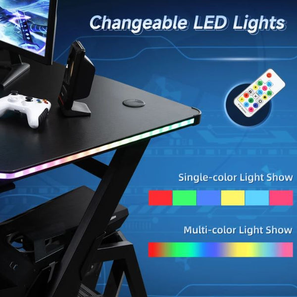 Racing Style LED Gaming Desk Office Desk Computer Table RGB Carbon Fibre Surface Headphone Hook Cup Holder Controller Rack Black