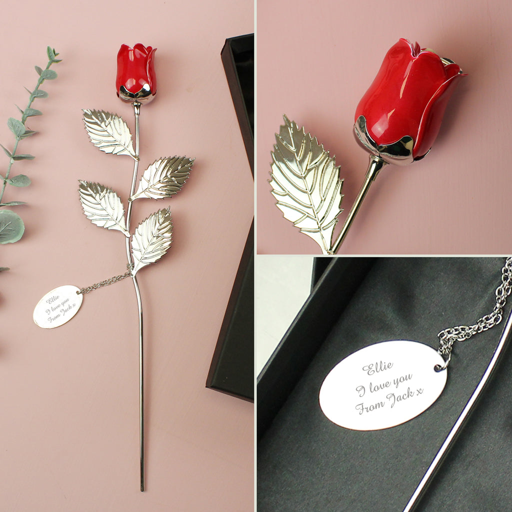 Personalised Free Text Silver Plated Red Rose - Buy Keepsakes at GiftMasters.co.uk