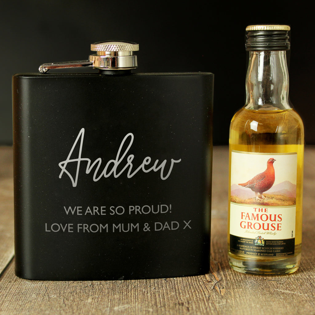 Personalised Free Text Hip Flask and Grouse Miniature Set - Buy Alcohol at GiftMasters.co.uk
