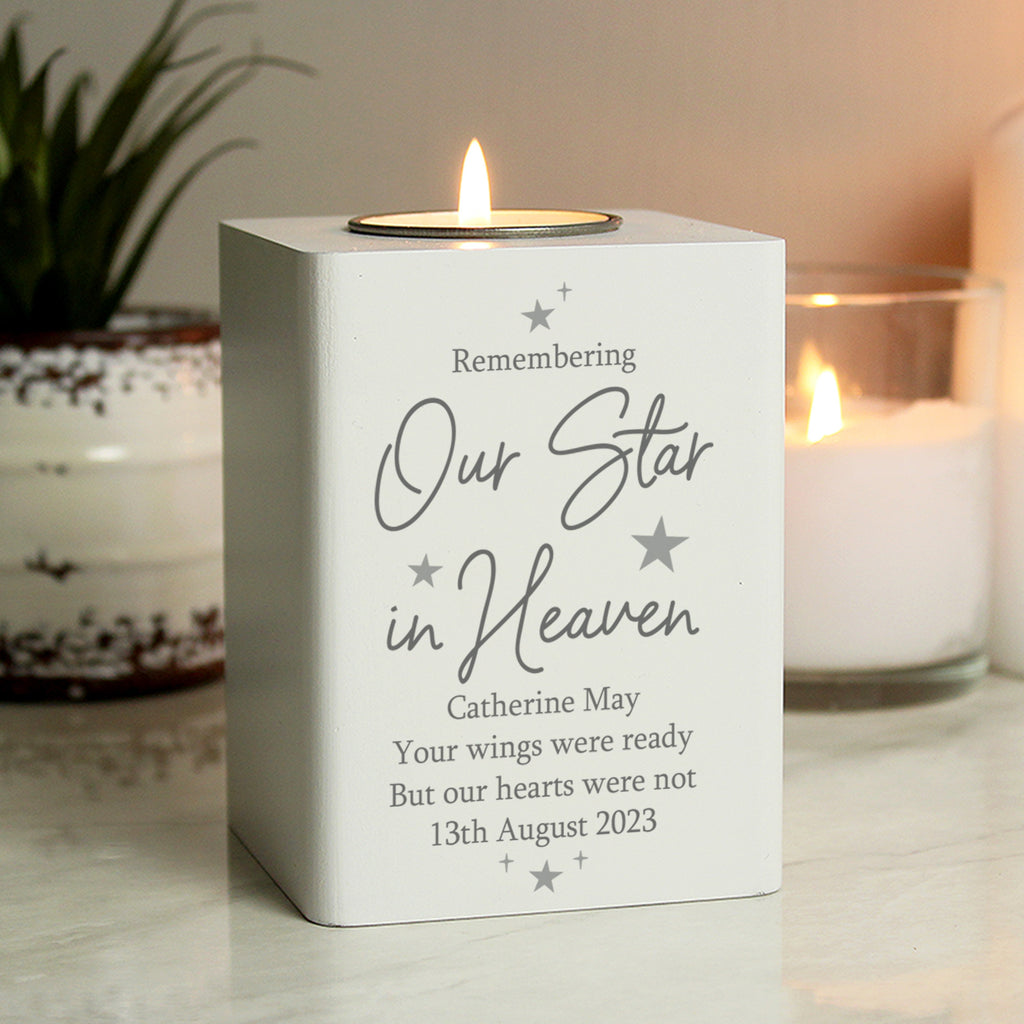 Personalised Our Star In Heaven White Wooden Tea light Holder - Buy Candles & Reed Diffusers at GiftMasters.co.uk