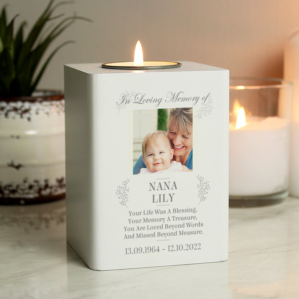 Personalised Memorial Photo Upload White Wooden Tea light Holder - Buy Candles & Reed Diffusers at GiftMasters.co.uk