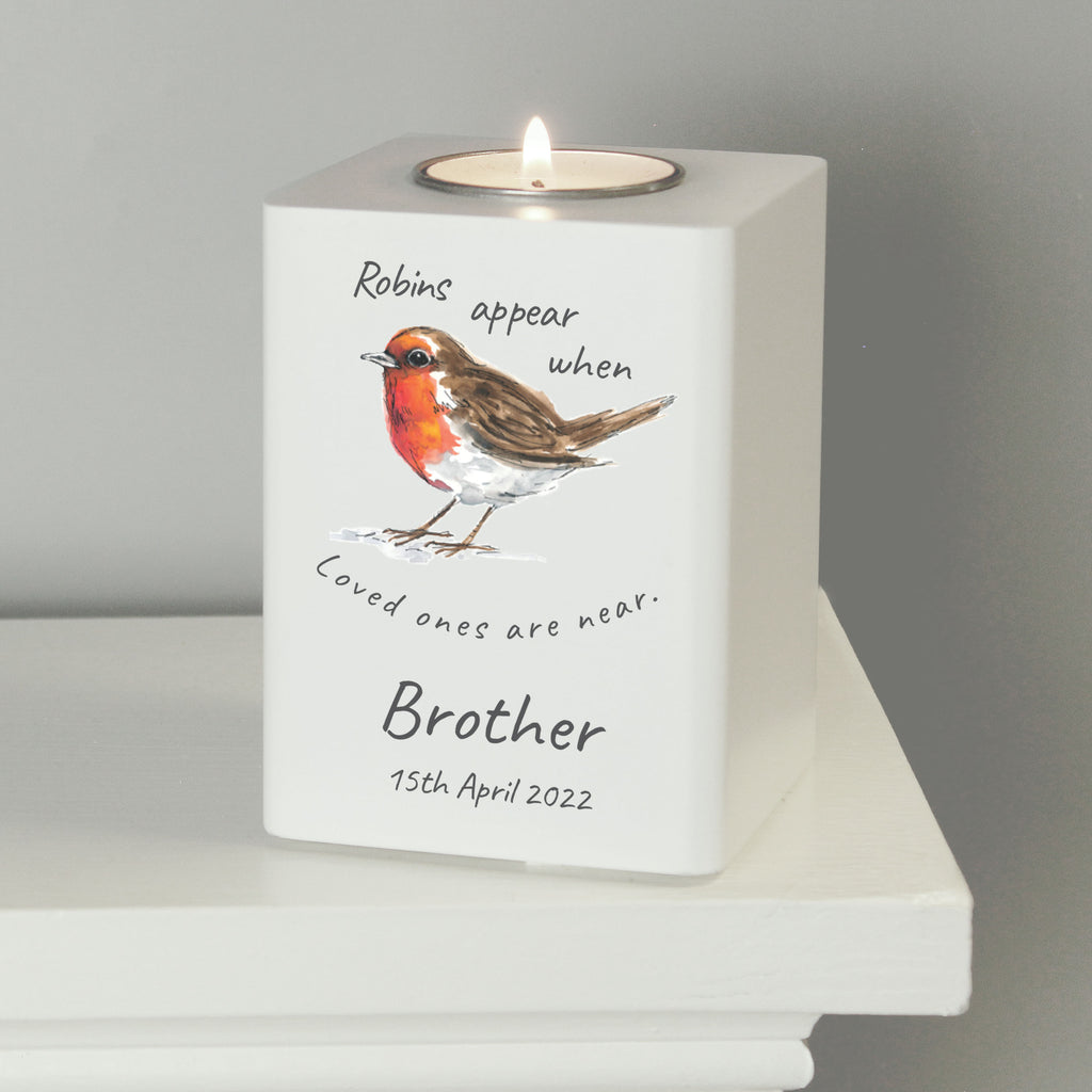Personalised Robins Appear White Wooden Tea light Holder - Buy Candles & Reed Diffusers at GiftMasters.co.uk