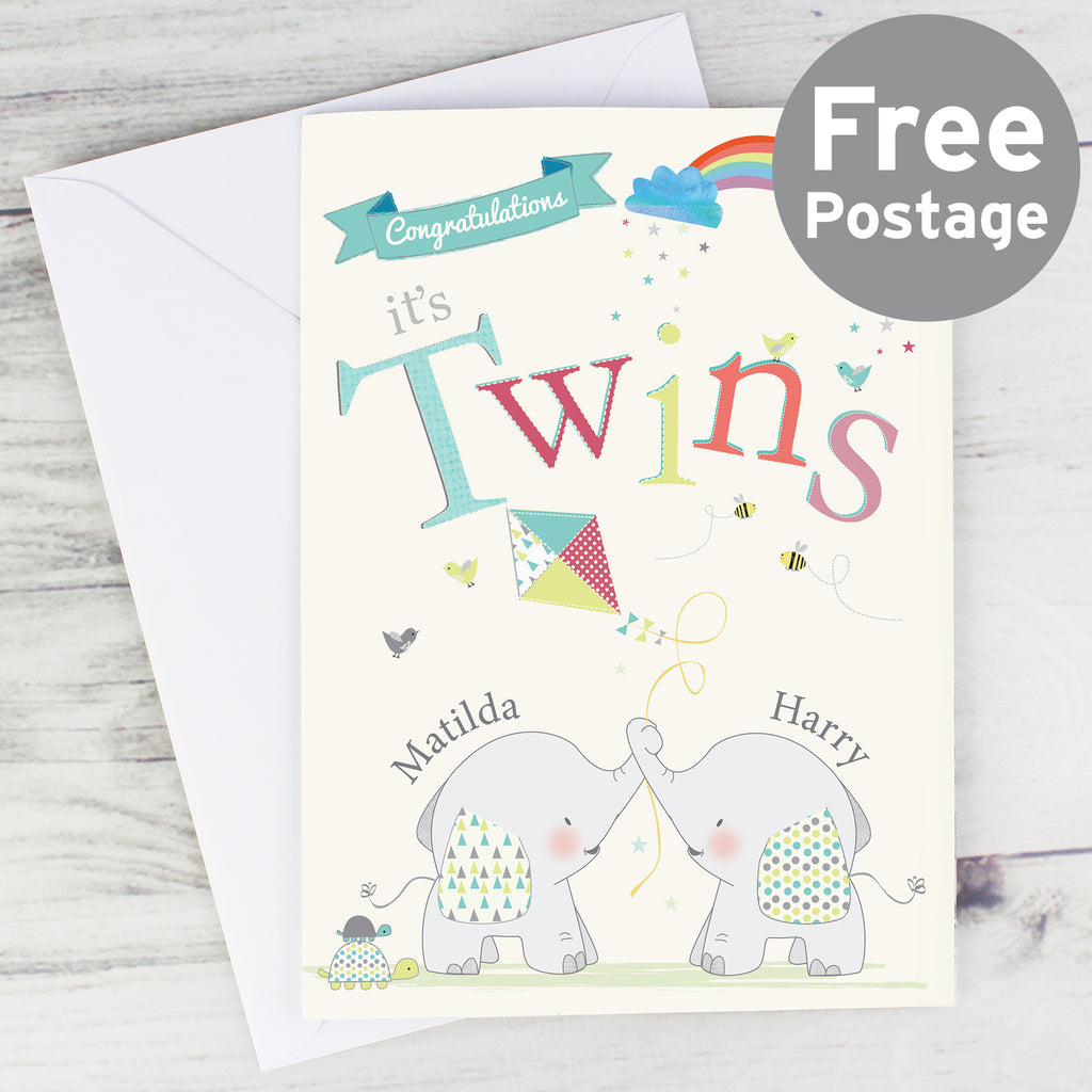 Personalised Hessian Elephant Twins Card - Buy Greetings Cards at GiftMasters.co.uk