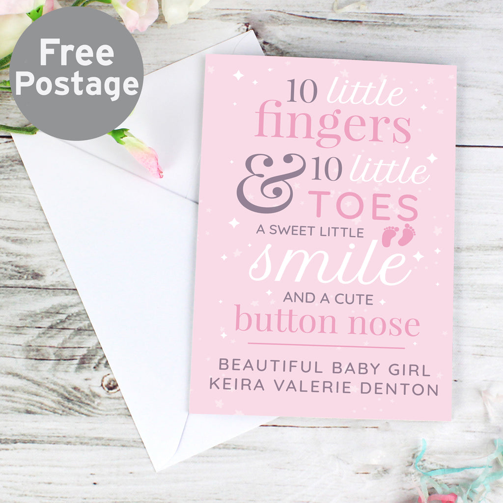 Personalised '10 Little Fingers' Pink Baby Card - Buy Greetings Cards at GiftMasters.co.uk