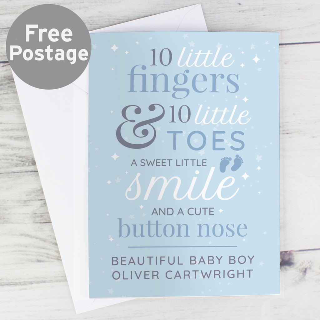 Personalised '10 Little Fingers' Blue Baby Card - Buy Greetings Cards at GiftMasters.co.uk