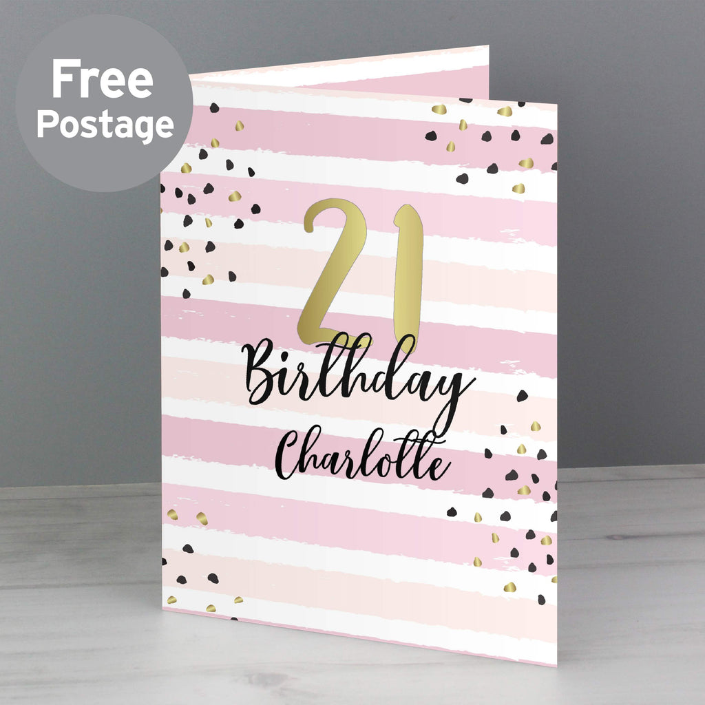 Personalised Gold and Pink Stripe Birthday Card - Buy Greetings Cards at GiftMasters.co.uk
