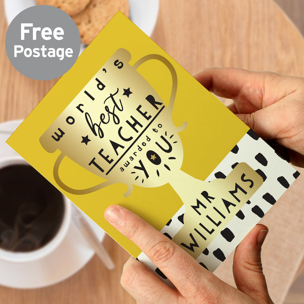 Personalised World's Best Teacher Trophy Greeting Card - Buy Greetings Cards at GiftMasters.co.uk