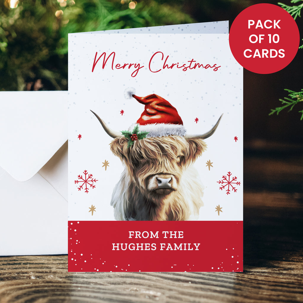 Personalised Highland Cow Pack of 10 Christmas Cards - Buy Greetings Cards at GiftMasters.co.uk