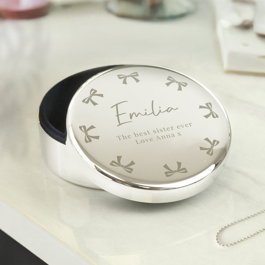 Personalised Bow Round Trinket Box - Buy Trinket, Jewellery & Keepsake Boxes at GiftMasters.co.uk