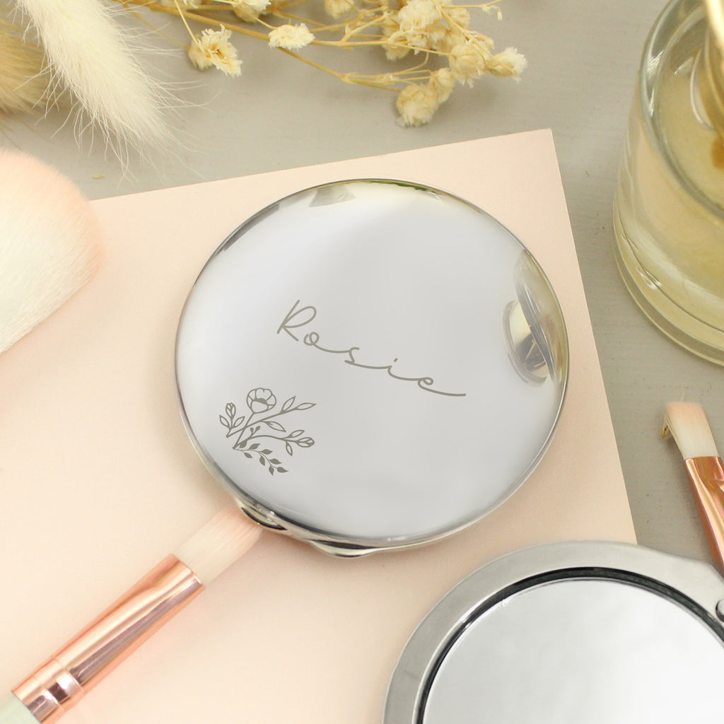 Personalised Floral Round Compact Mirror - Buy Trinket, Jewellery & Keepsake Boxes at GiftMasters.co.uk